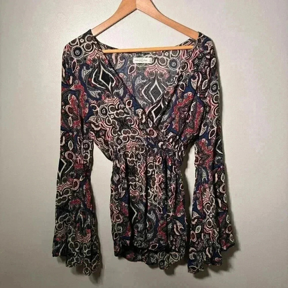 Abercrombie & Fitch Women's Blue Tan Short Bohemian Romper Small Wrap V-Neck - Picture 3 of 6